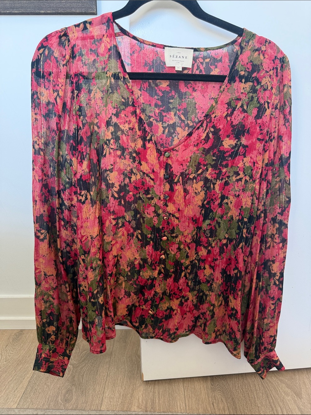 Sezane Floral V-Neck Long-Sleeve Top